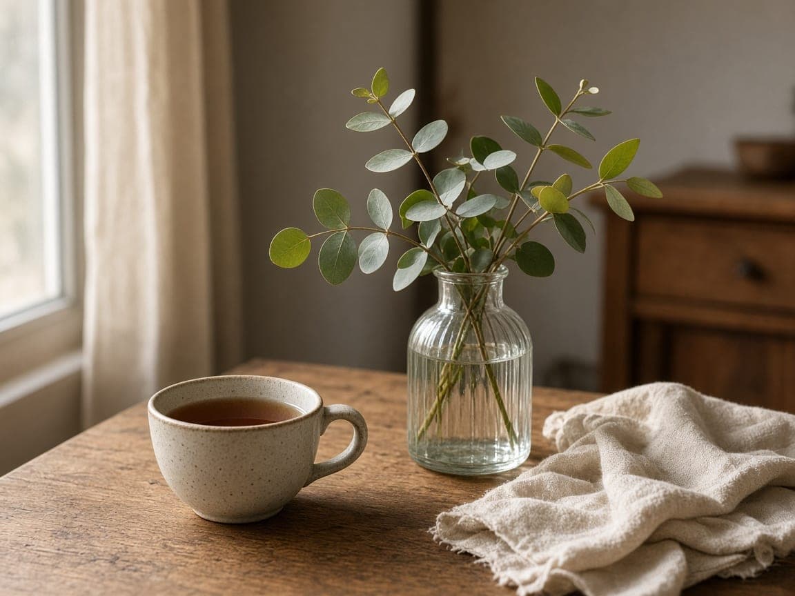 Rustige thuisomgeving met thee en groen